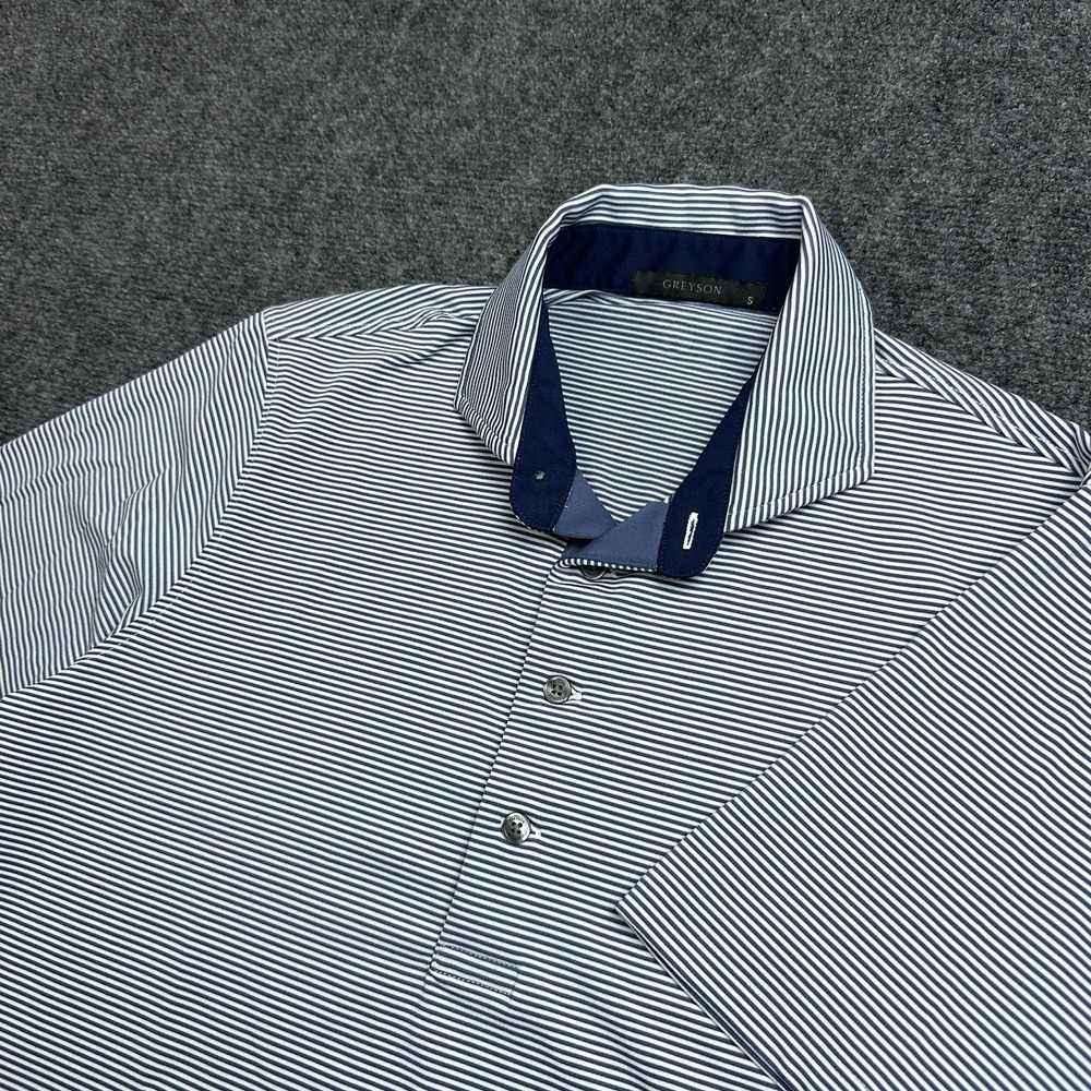 Greyson Men Polo Shirt Size S Navy Blue Stripe Performance Golf Preppy Active